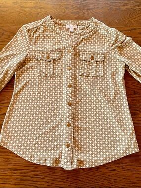 Charter Club Tan and White Button-Front Patterned Blouse